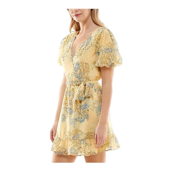 Speechless Juniors Yellow & Blue Floral-Print Puff-Sleeve Dress Large NWT - Picture 2 of 11
